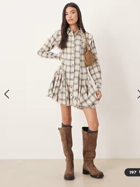 mini shirt dress with nipped in waist and godets in washed grey and blue check